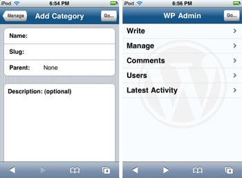 WordPress admin interface optimized to work on iPhone