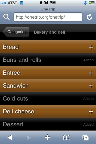 OneTrip gocery list web-app for iPhone