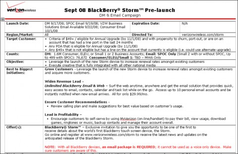 Leaked Verizon document for the BlackBerry Storm