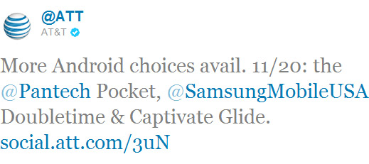 Pantech Pocket, Samsung DoubleTime and Samsung Captive Glide available on AT&T on November 20th