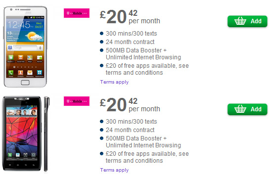 Motorola RAZR and Samsung Galaxy S II available for free with 20.43 GBP per month plan Motorola RAZR and Samsung Galaxy S II available for free with 20.43 GBP per month plan