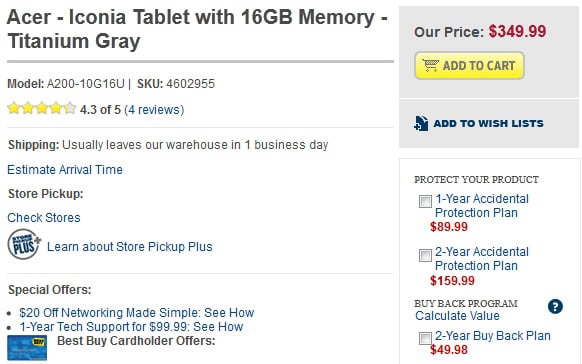 Best Buy now offers 16GB Acer Iconia Tab A200 for $349.99