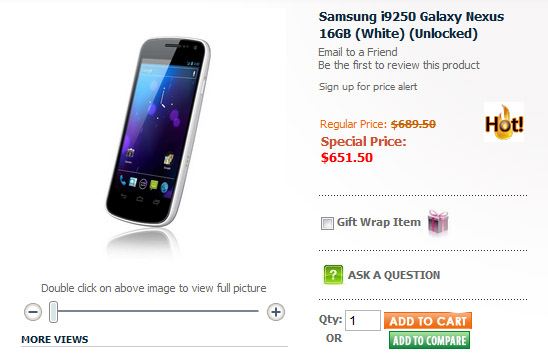 White Samsung Galaxy Nexus now available for $651.50 sans any strings attached