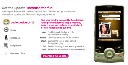 T-Mobile Shadow update with audio postcards