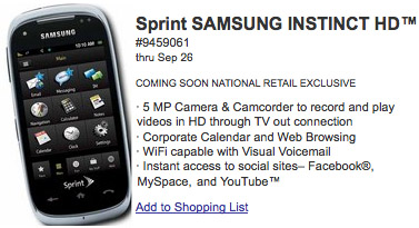Samsung's Instinct HD is at the Best Buy website! Samsung's Instinct HD is at the Best Buy's website!