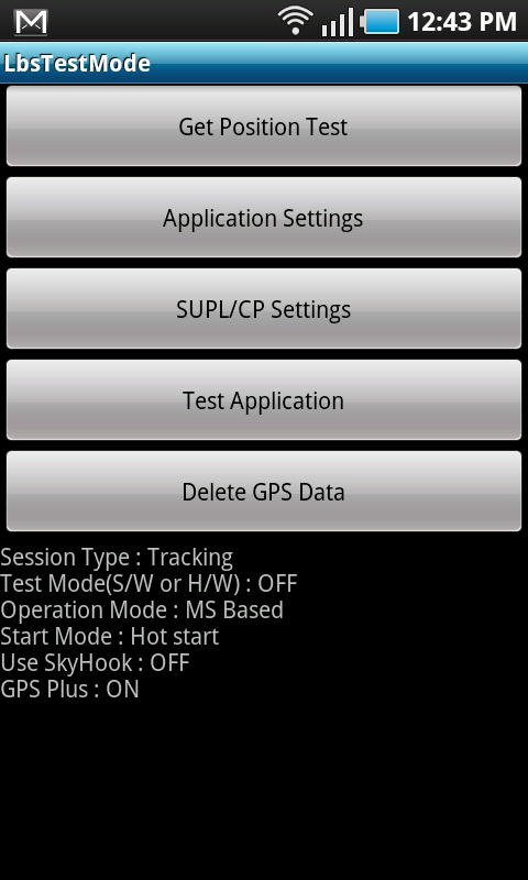 LBSTestMode screen on Samsung Galaxy S