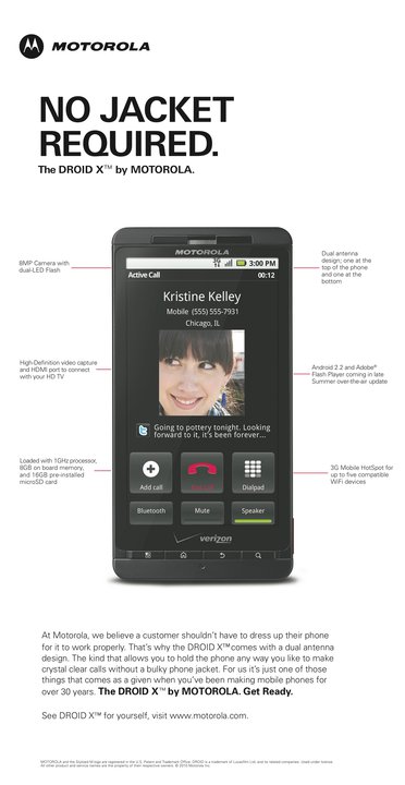 Newspaper ad for Motorola Droid X, digging at Apple iPhone 4 antenna problems