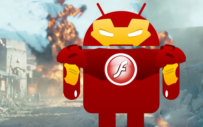 Iron Man mockup of Android bot. Android bot with Flash logo in chest.