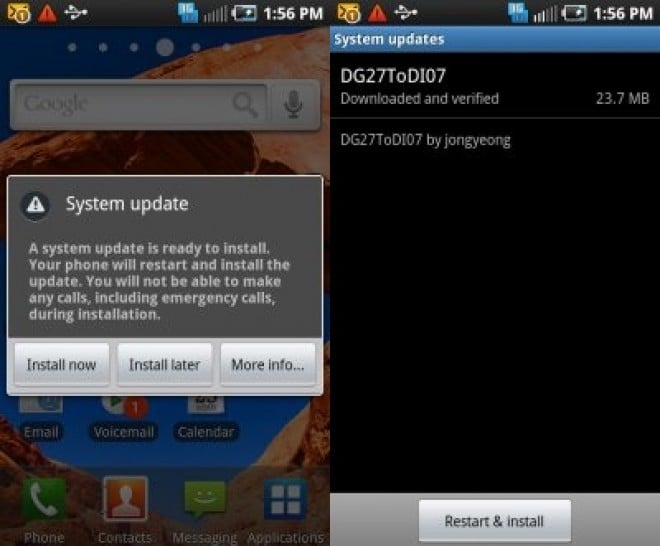 screenshot of the Samsung Epic 4g OTA update