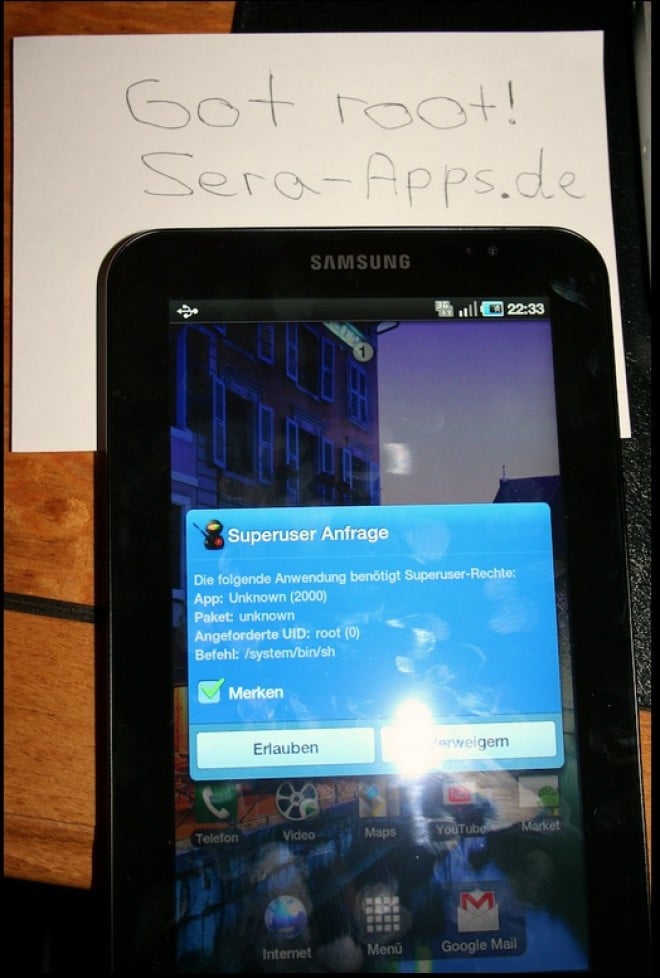Picture of the Superuser app running on the Samsung Galaxy Tab, meaning root access!