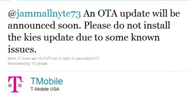 Tweet from t-mobile telling users not to update their Vibrant through Samsung Kies