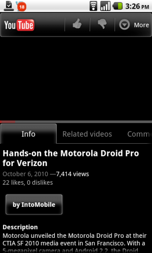 screenshot of the new YouTube application for Android