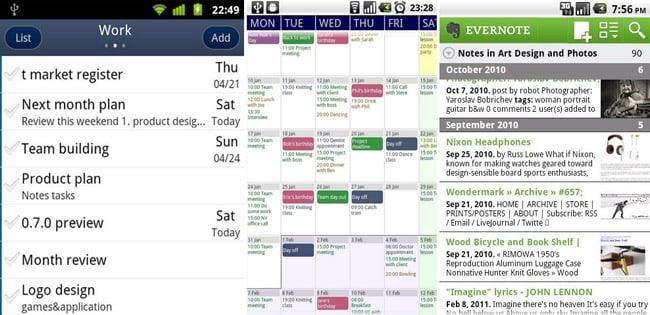 GTasks, Touch Calendar, Evernote