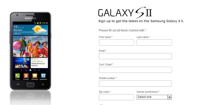 Samsung Galaxy S II U.S. signup page live
