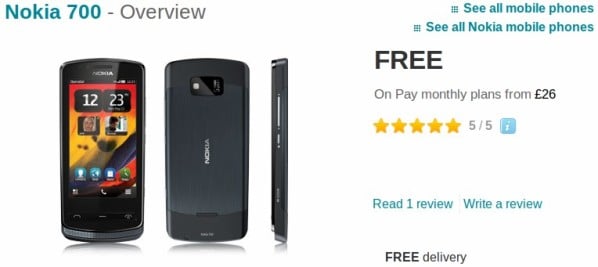 Vodafone UK now offers Nokia 700 for 26 GBP per month