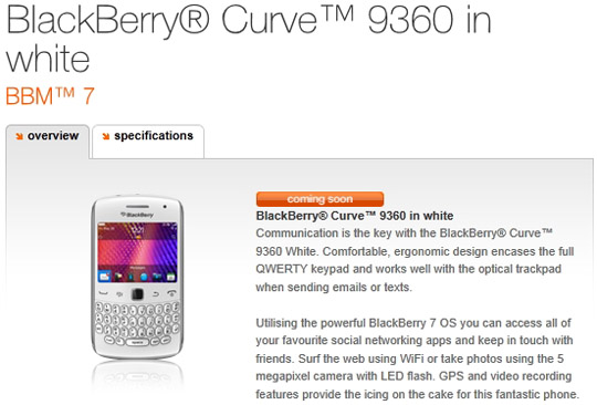 White BlackBerry Curve 9360 heading to Orange UK