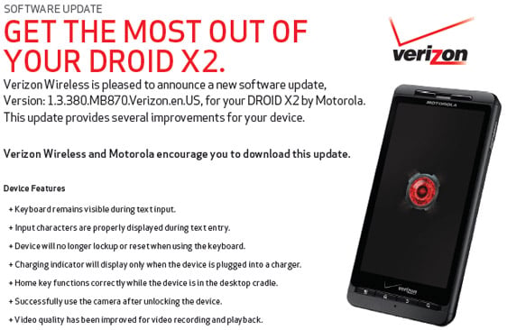 Motorola Droid X2 support page talks about the Android 2.3.4 Update