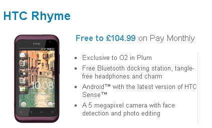 UK: HTC Rhyme now available on O2 for 13.50 GBP per month