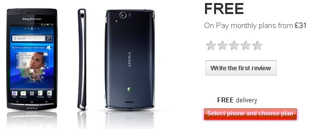 Sony Ericsson Xperia Arc S available from Vodafone for free on 31 GBP/month plan