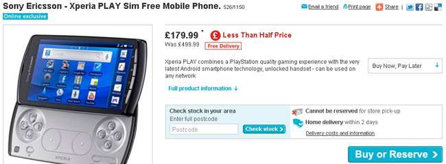 Sony Ericsson Xperia Play available for 179 GBP at Argos