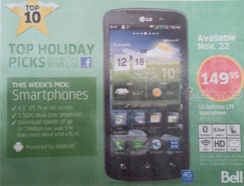 Bell to start selling LG Optimus LTE on November 22 for CA$149.95 on a 3-year contract