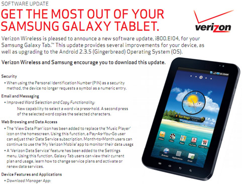 Verizon's Samsung Galaxy Tab getting the Gingerbread update soon