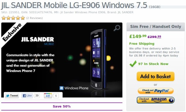 LG E906 Jil Sander Windows Phone now available for just 149.99 GBP in the UK