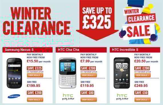 Carphone Warehouse clearance sale lists such phones as Nexus S, HTC ChaCha, Desire HD and Incredible S