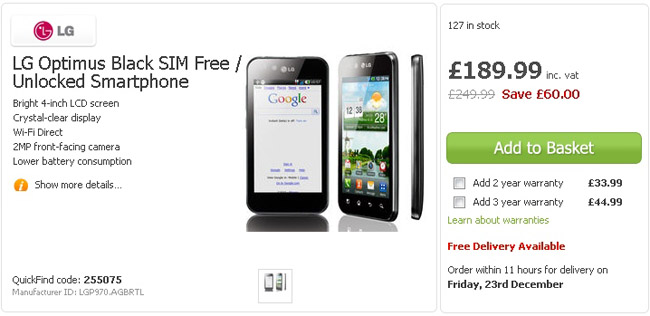 LG Optimus Black now just 189 GBP unlocked