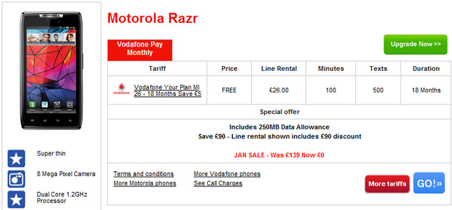 Motorola RAZR available for free on an 18-month 26 GBP/month contract