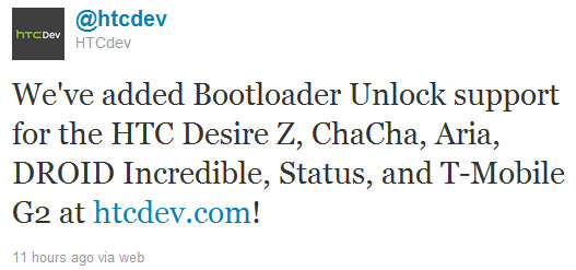 HTC adds bootloader unlocks for more devices: Desire Z, ChaCha, Aria, DROID Incredible, Status and T-Mobile G2