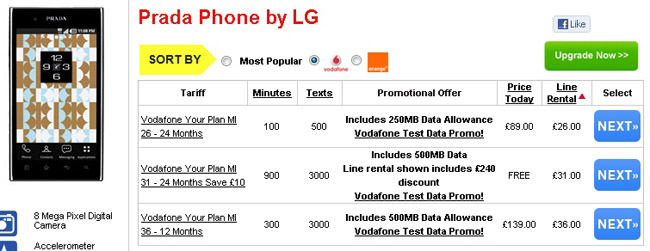 Phones 4U offers LG Prada 3.0 for free with 31 GBP/month plan