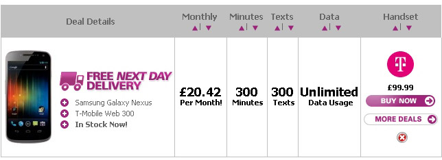 Galaxy Nexus available for 99 GBP on a 20.42 GBP/month contract