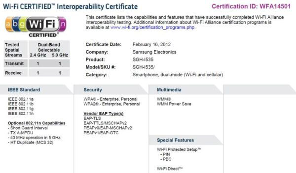 Three Samsung phones (T999, i535, L710) and HTC Fireball get Wi-Fi certified