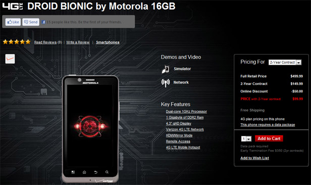 Motorola DROID BIONIC down to $99.99 on Verizon Wireless