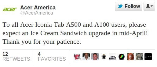 Acer Iconia Tab A100, A500 getting Ice Cream Sandwich in mid-April
