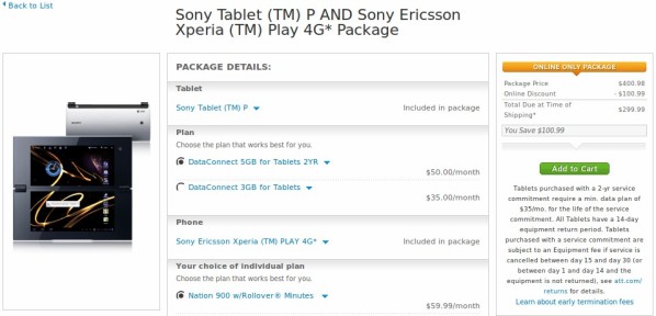 AT&T bundles Sony Tablet P and Sony Ericsson Xperia Play and offers them for $299.99