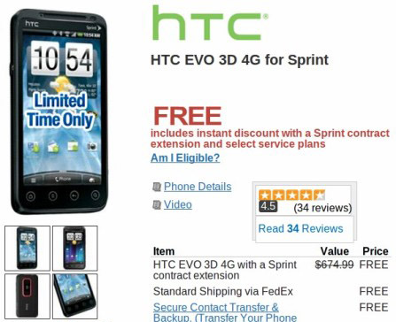Wirefly offers Sprint's HTC Evo 3D for free for both new customers and upgrades