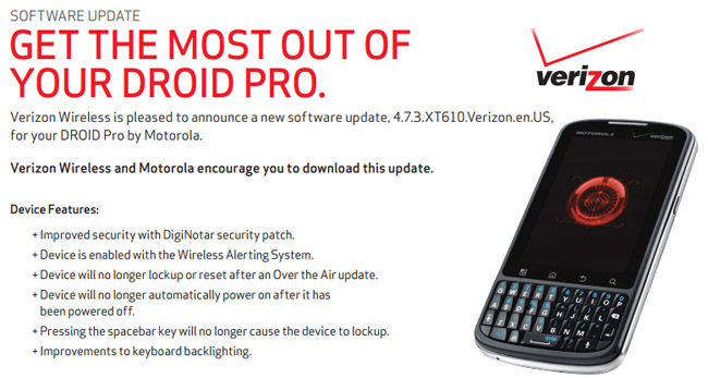 Verizon's Droid Pro getting a small bug-fixing update [not Ice Cream Sandwich]