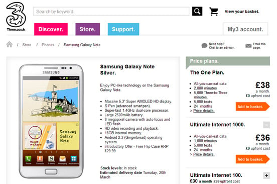 Three offers Samsung Galaxy Note for free on 38 GBP/month plan