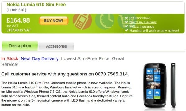 Unlocked Nokia Lumia 610 available in the UK for 164.98 GBP