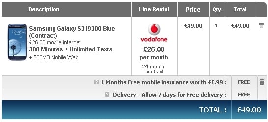 Samsung Galaxy S III available for 49 GBP with Vodafone's two-year 26 GBP/month contract