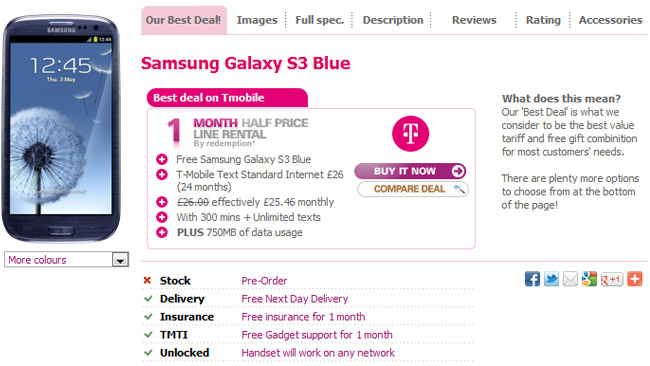 Samsung Galaxy S III available for free on a 26 GBP/month contract!