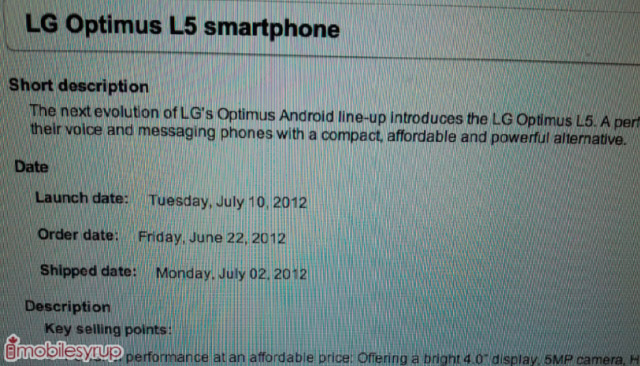 Bell to start selling the LG Optimus L5 on July 10th
