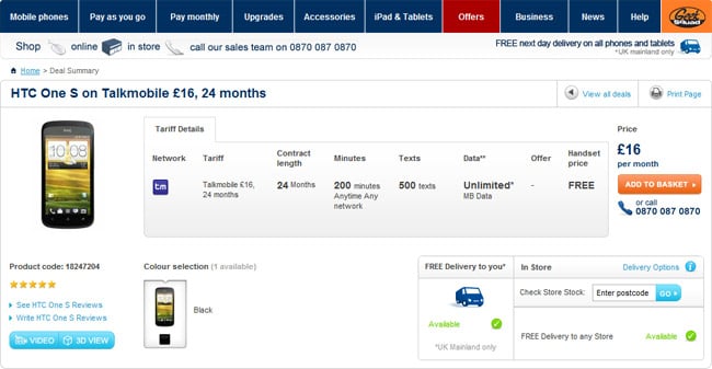 HTC One S free on Talkmobile's 16 GBP/month plan with unlimited data