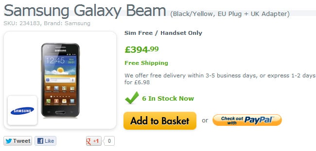Samsung Galaxy Beam available from Expansys for 394.99 GBP