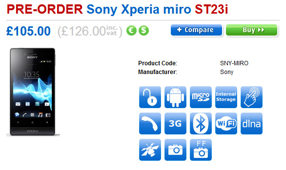 Sony Xperia miro now available for pre-order on Clove for 126 GBP