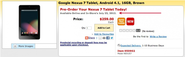 Nexus 7 coming to Canada on July 23rd according to Staples