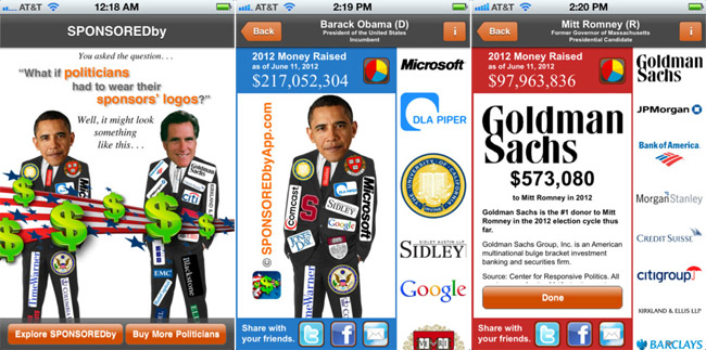 An app depicts presidential candidates wearing logos of their big contributors