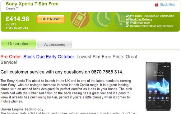 UK: Sony Xperia T up for pre-order for 415 GBP